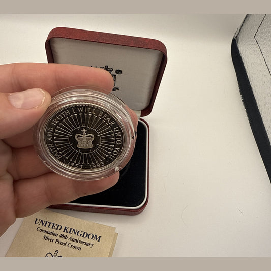 1993 UK £5 Coronation 40th anniversary sterling silver proof crown, St Edward's Crown ringed by trumpets (view 2)
