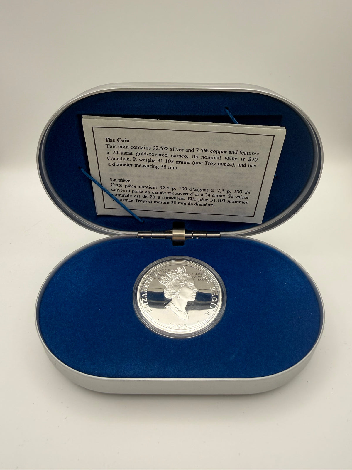 1996 Canada $20 sterling silver Avro Arrow aviation series coin with gold cameo