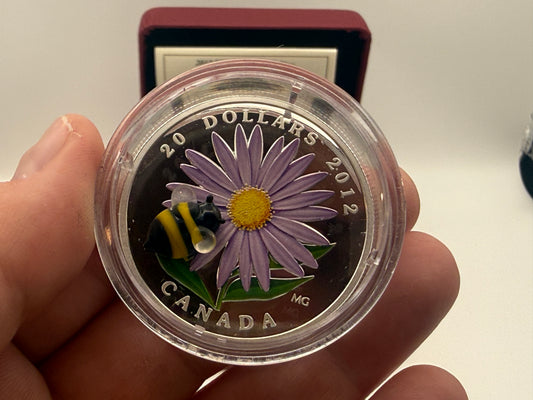2012 Canada $20 fine silver coin with Venetian glass bumble bee and aster flower (view 2)