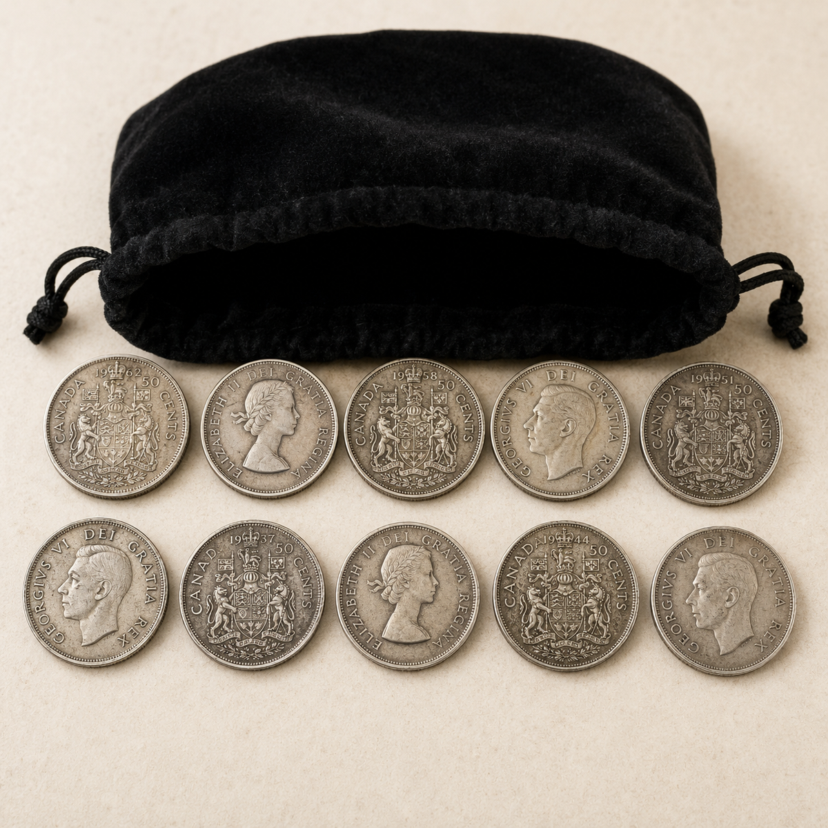 Bundle of ten Canadian 80 percent silver half dollars, 1937 to 1966