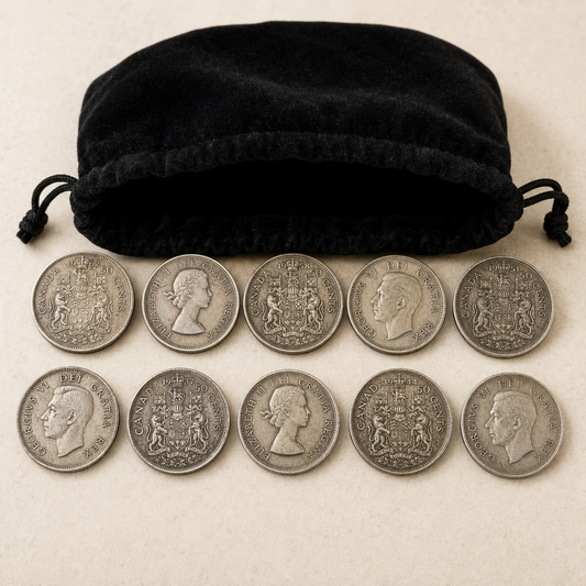 Bundle of ten Canadian 80 percent silver half dollars, 1937 to 1966