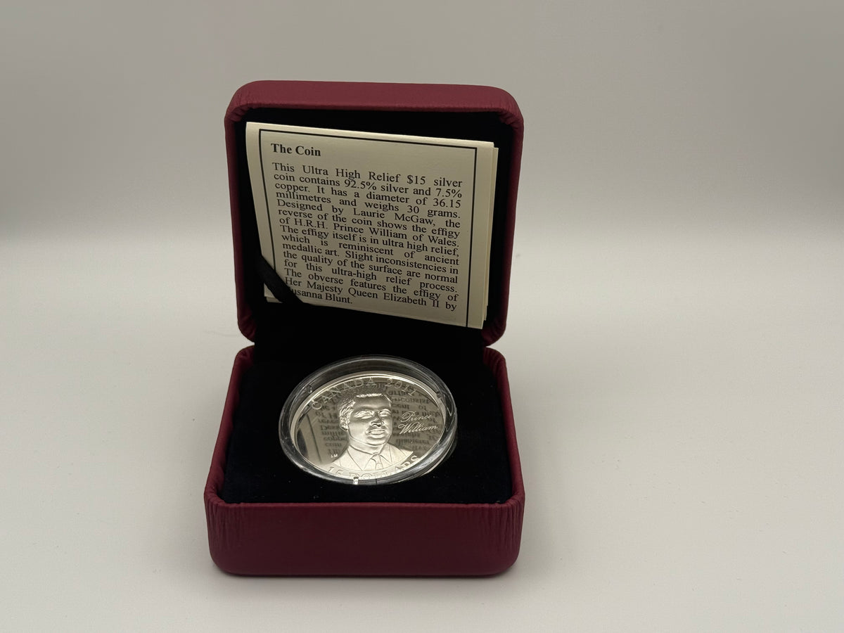2011 Canada $15 sterling silver ultra high relief coin, Prince William, Continuity of the Crown (view 2)