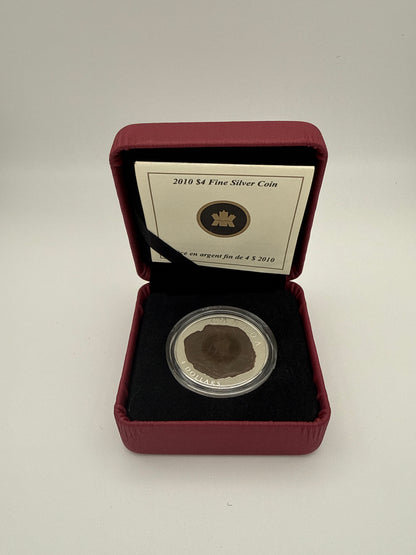 2010 Canada $4 fine silver Dinosaur Collection coin, Dromaeosaurus fossil design