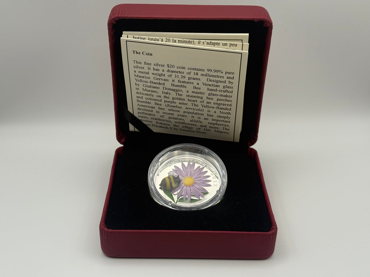 2012 Canada $20 fine silver coin with Venetian glass bumble bee and aster flower
