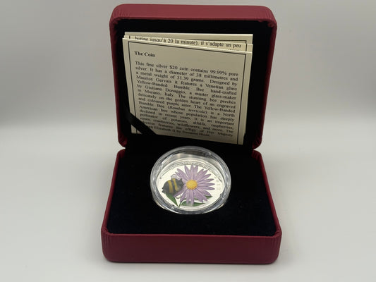 2012 Canada $20 fine silver coin with Venetian glass bumble bee and aster flower