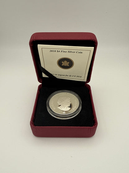 2010 Canada $4 fine silver Dinosaur Collection coin, Dromaeosaurus fossil design (view 3)