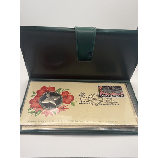 1976 Cook Islands $5 silver proof Mangaia kingfisher coin sealed in First Day of Issue Cover