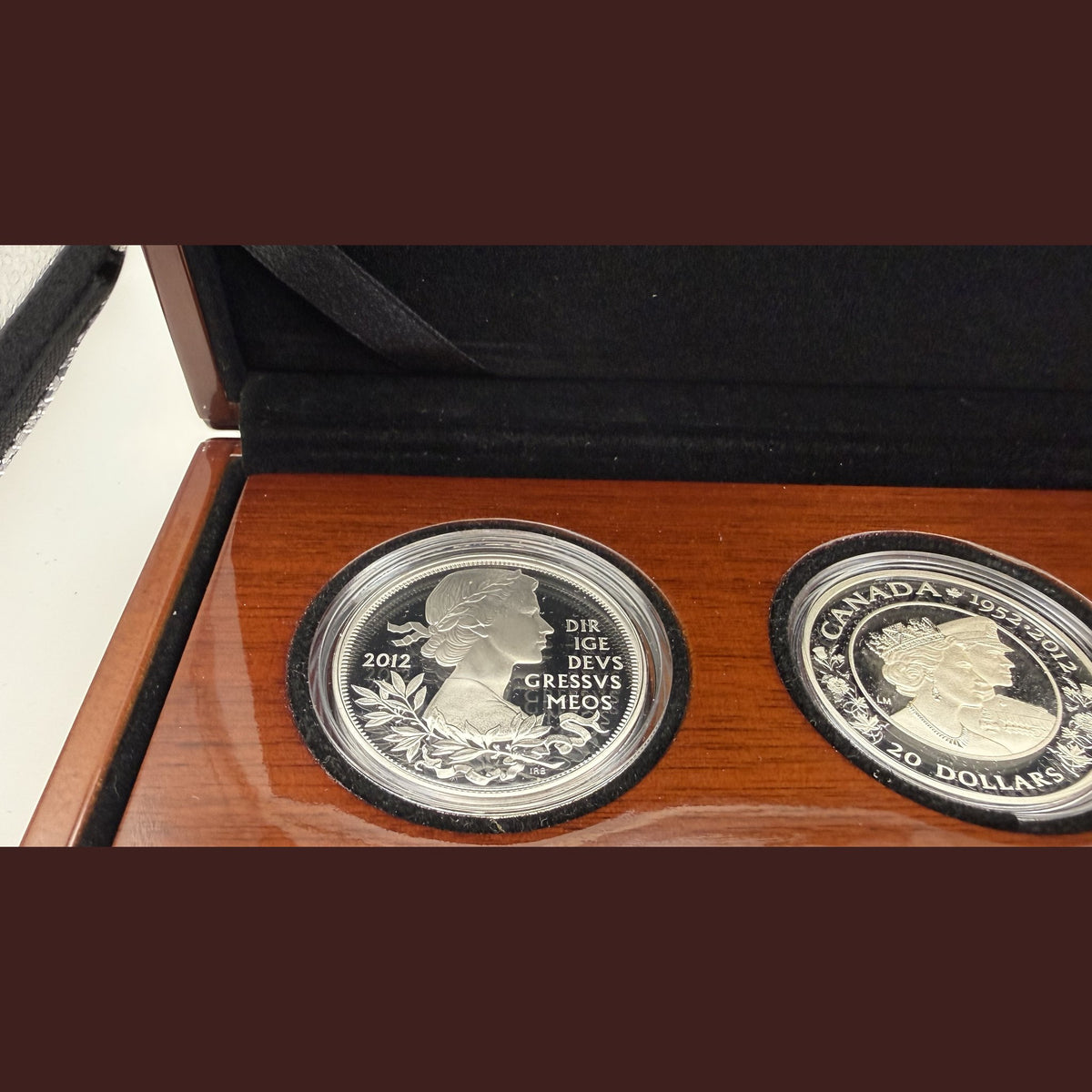 2012 Queen's Diamond Jubilee silver proof set with UK £5, Canada $20 and Australia 50c in wooden case (view 8)
