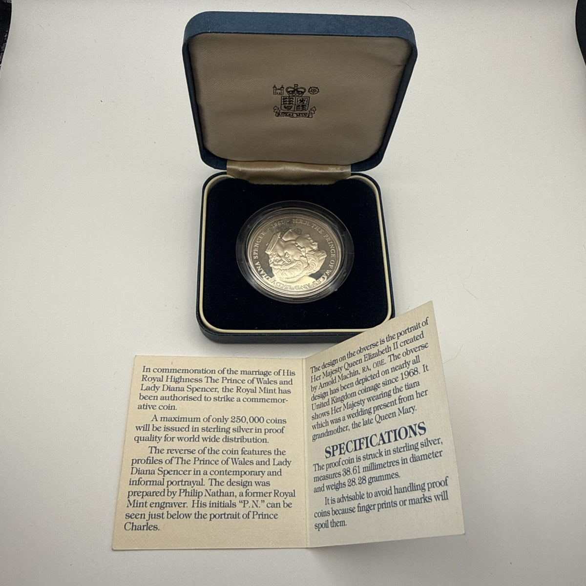 1981 UK Royal Wedding sterling silver proof crown with Prince Charles and Lady Diana portrait