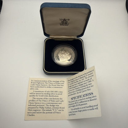 1981 UK Royal Wedding sterling silver proof crown with Prince Charles and Lady Diana portrait