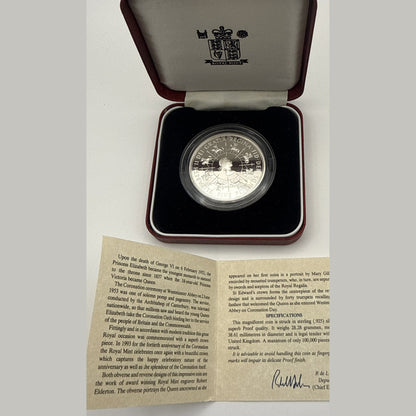 1993 UK £5 Coronation 40th anniversary sterling silver proof crown, St Edward's Crown ringed by trumpets