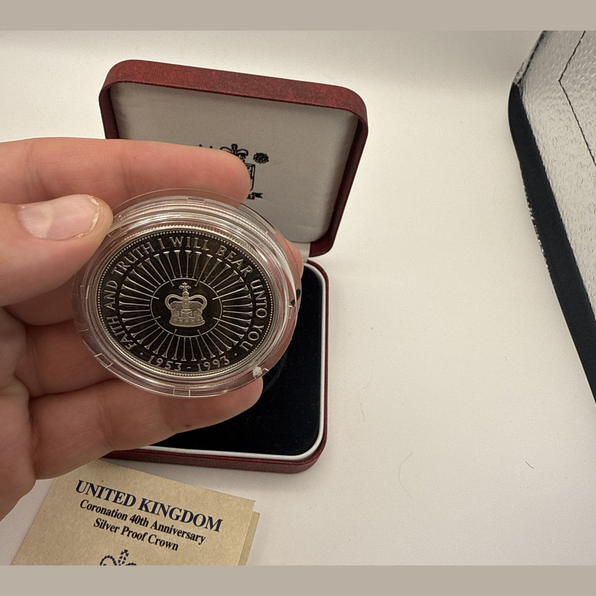 1993 UK £5 Coronation 40th anniversary sterling silver proof crown, St Edward's Crown ringed by trumpets (view 2)
