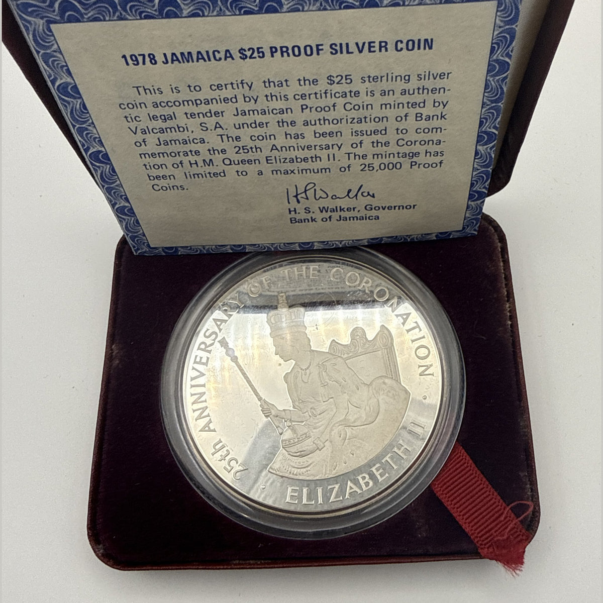 1978 Jamaica $25 sterling silver proof coin, 25th anniversary of Queen Elizabeth II's coronation (view 2)