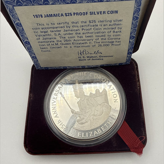 1978 Jamaica $25 sterling silver proof coin, 25th anniversary of Queen Elizabeth II's coronation (view 2)