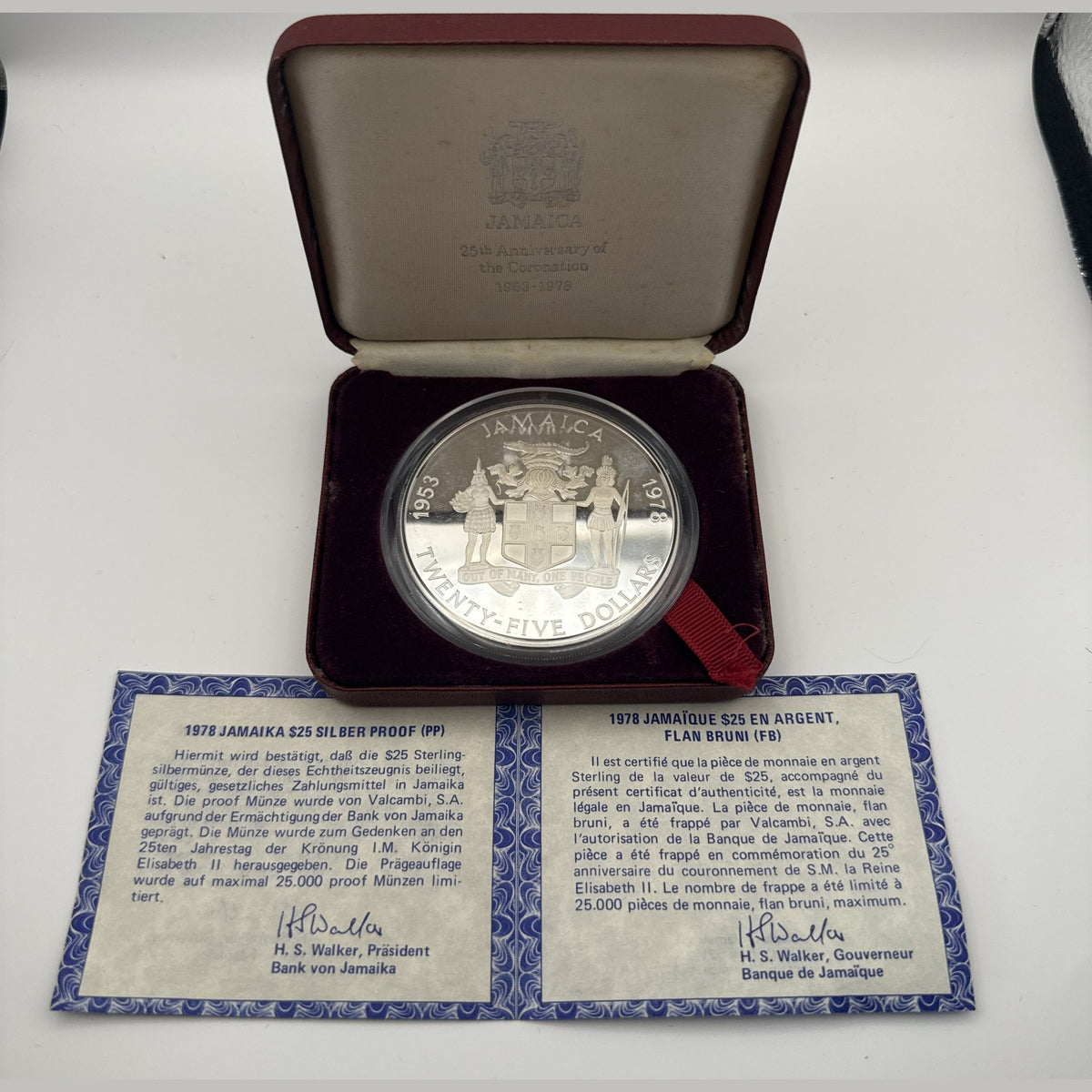 1978 Jamaica $25 sterling silver proof coin, 25th anniversary of Queen Elizabeth II's coronation