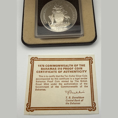 1978 Bahamas $10 silver proof coin, 5th anniversary of independence, Prince Charles portrait