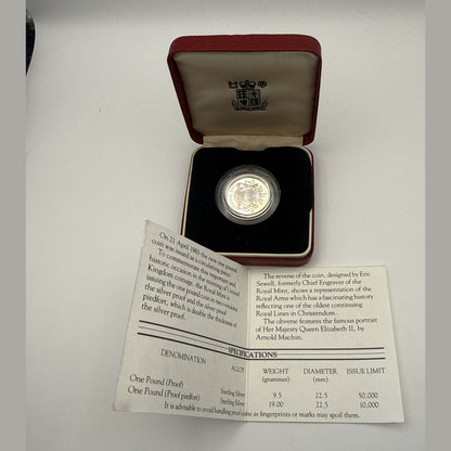 1983 UK £1 sterling silver proof, first round pound with Royal Arms reverse (view 3)