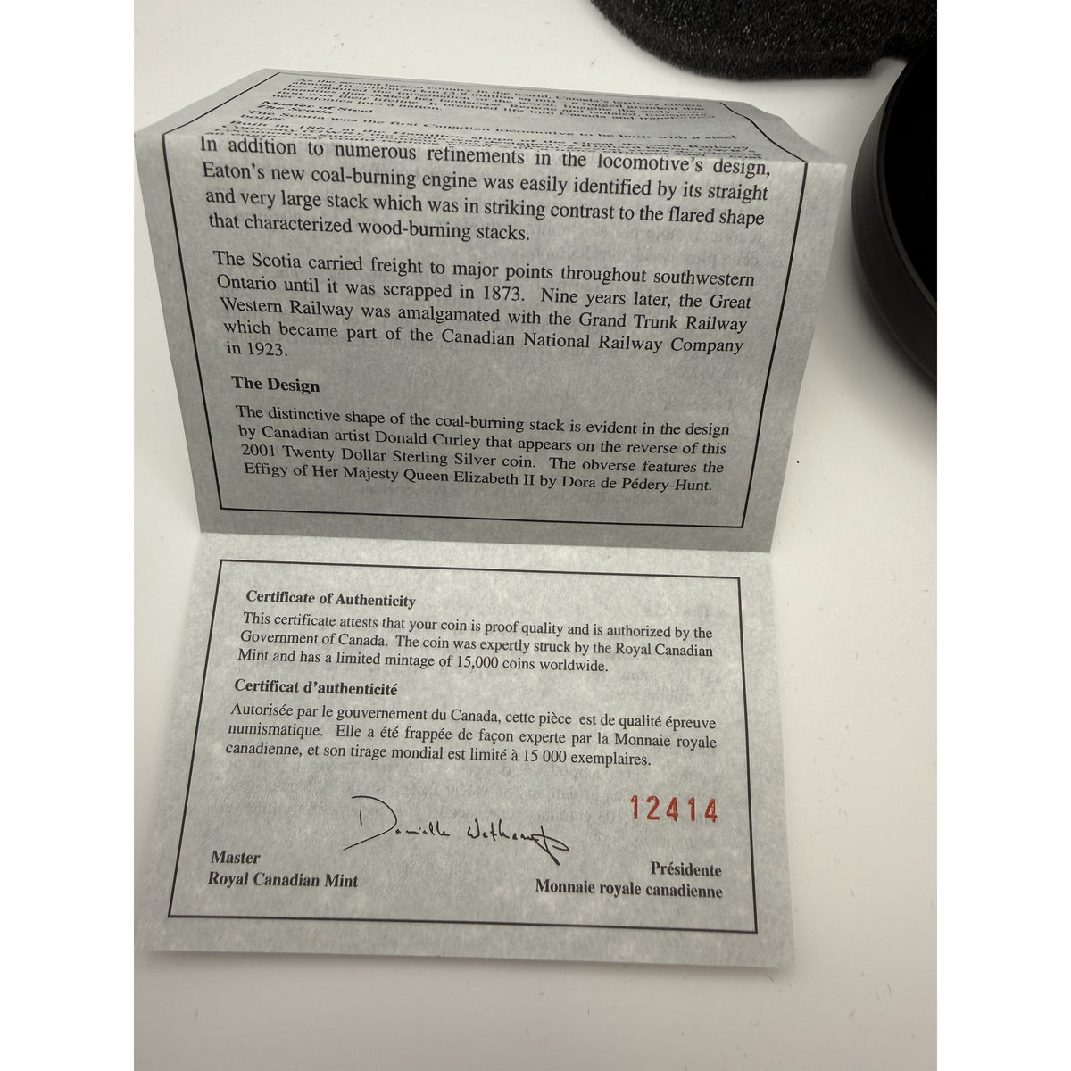 2001 Canada $20 Scotia Locomotive Hologram Coin - certificate