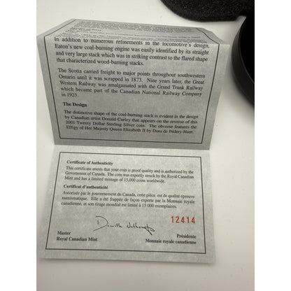 2001 Canada $20 Scotia Locomotive Hologram Coin - certificate