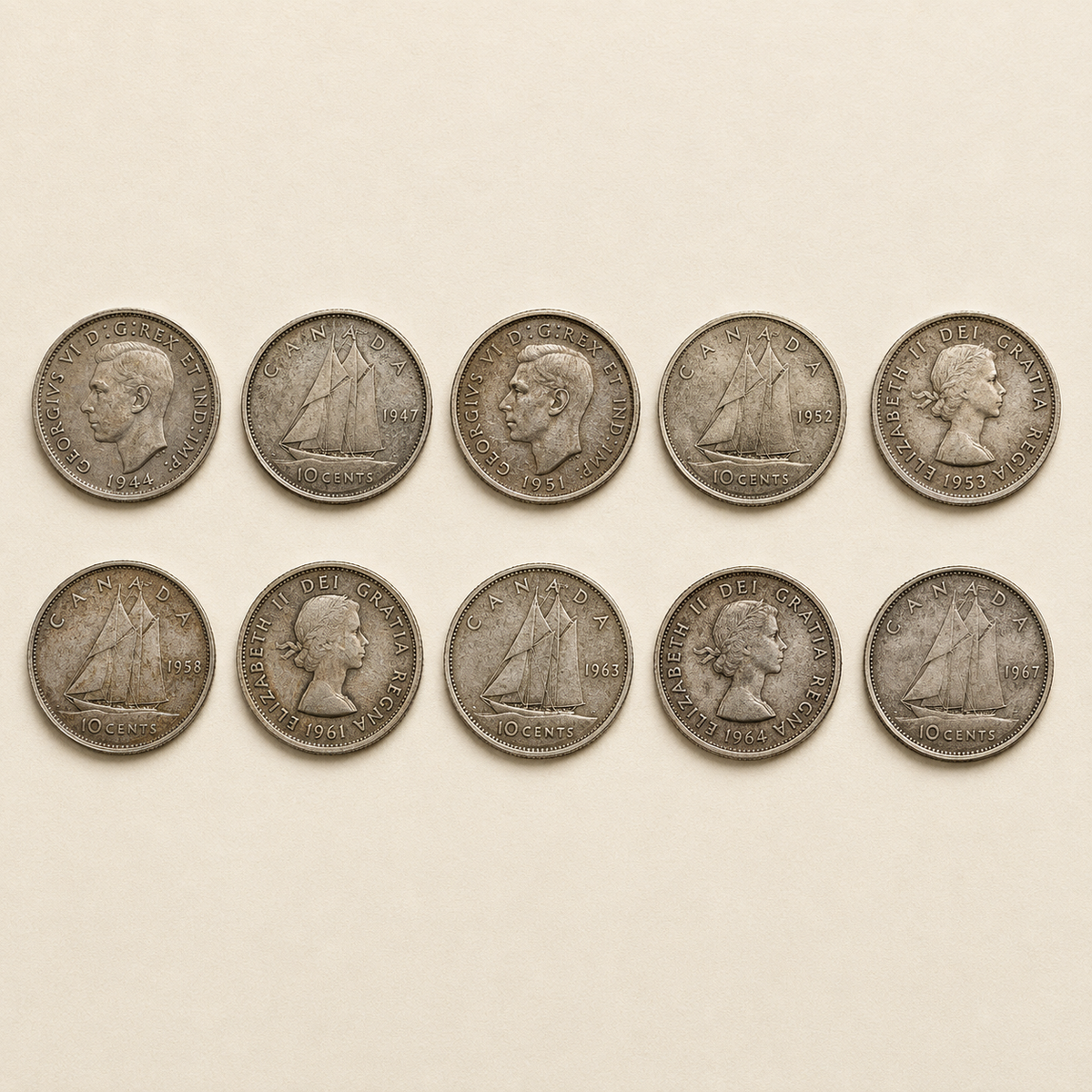Bundle of ten Canadian 80 percent silver dimes, 1937 to 1966 (view 2)