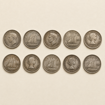Bundle of ten Canadian 80 percent silver dimes, 1937 to 1966 (view 2)