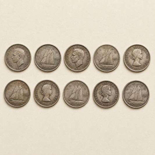 Bundle of ten Canadian 80 percent silver dimes, 1937 to 1966 (view 2)