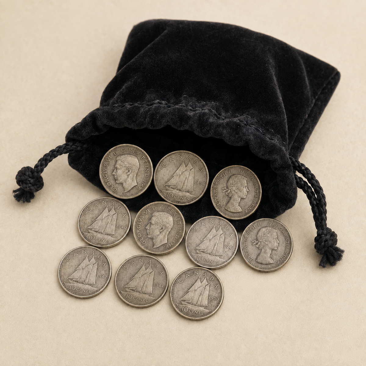 Bundle of ten Canadian 80 percent silver dimes, 1937 to 1966