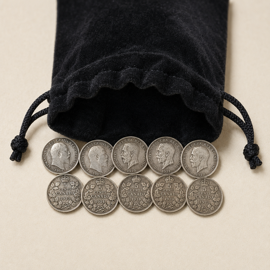 Bundle of ten Canadian silver five-cent fish scale coins, 1908 to 1921