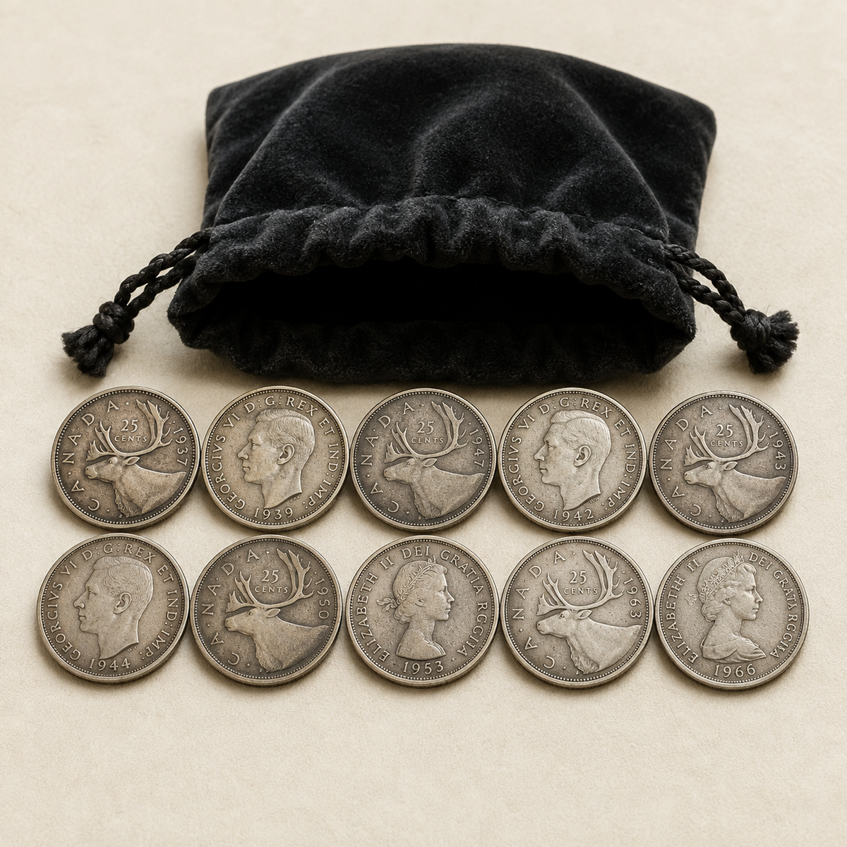 Bundle of ten Canadian 80 percent silver quarters, 1937 to 1966