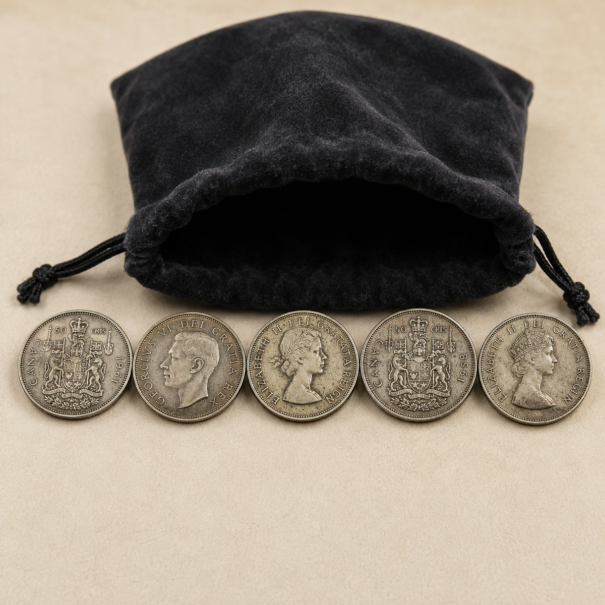 Bundle of five Canadian 80 percent silver half dollars, 1937 to 1966