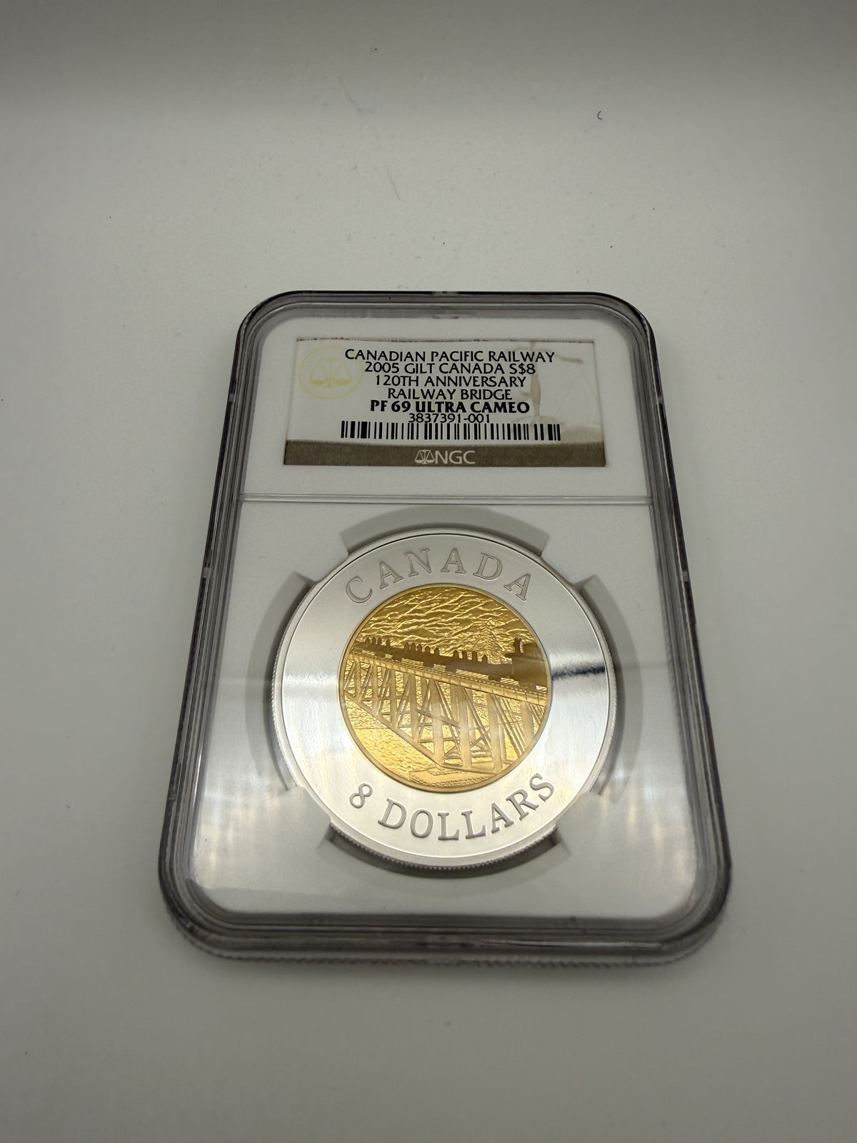 2005 Canada $8 fine silver CPR Railway Bridge coin with gold plating, NGC PF 69 Ultra Cameo (view 3)