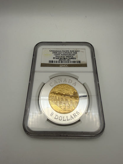 2005 Canada $8 fine silver CPR Railway Bridge coin with gold plating, NGC PF 69 Ultra Cameo (view 3)