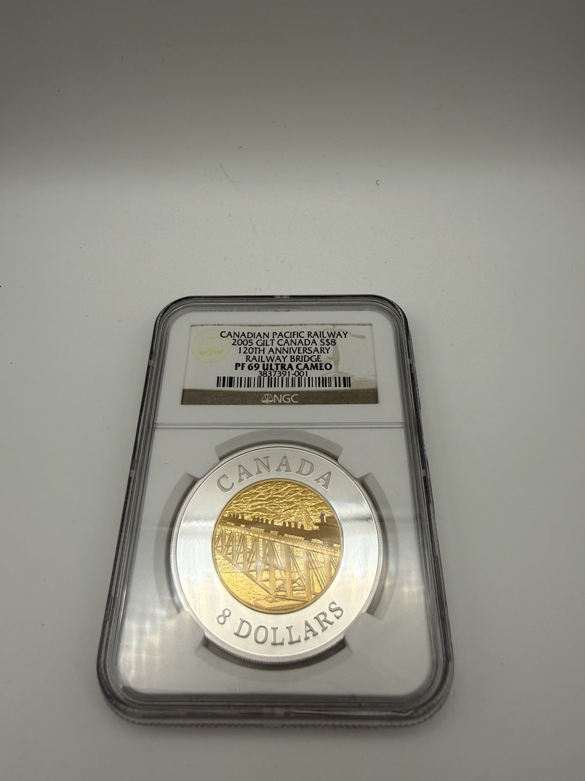 2005 Canada $8 fine silver CPR Railway Bridge coin with gold plating, NGC PF 69 Ultra Cameo (view 2)